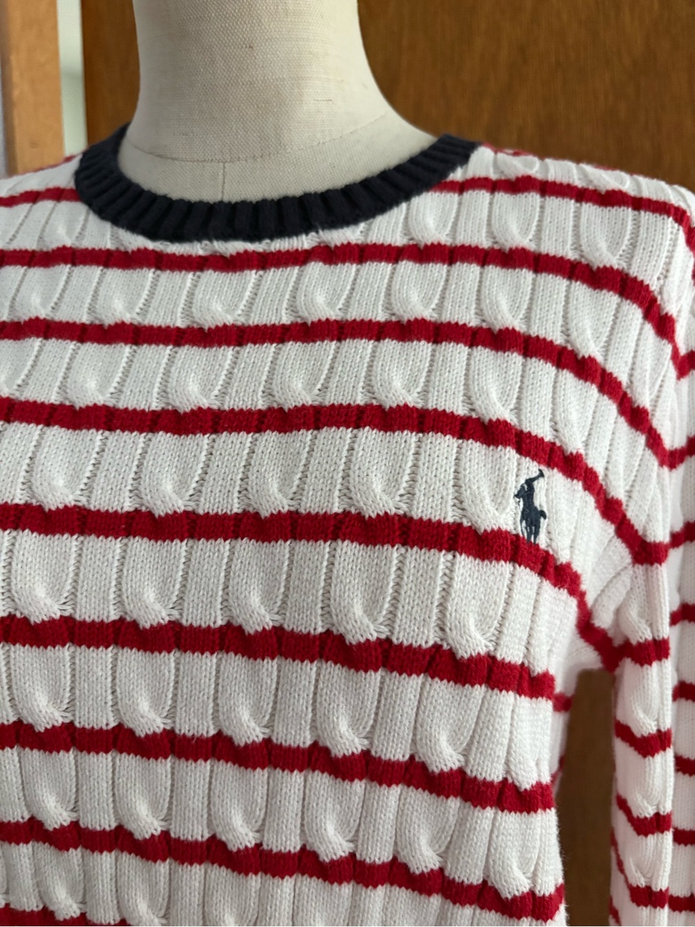 POLO RALPH LAUREN Boys sz XL 18-20 Cable Knit Sweater White Red Striped - Picture 2 of 8